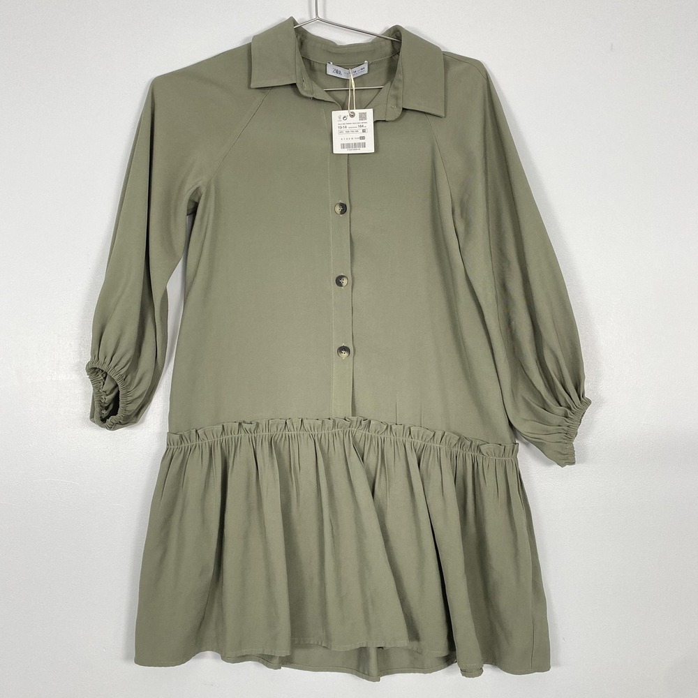 NWT Zara Shirt Dress Girls 13-14 Green Collared Button Front Long Sleeve Ruffle